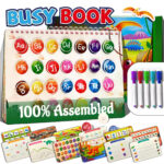 Velcro Pasted 28 Themes Montessori Busy Book for Toddlers 1-3 with 8 Markers & Storge Bag, Reusable Toddler Activity Books